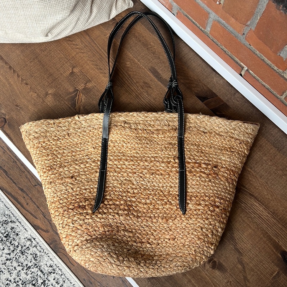 Zara Natural Woven Straw Tote with Black Handles